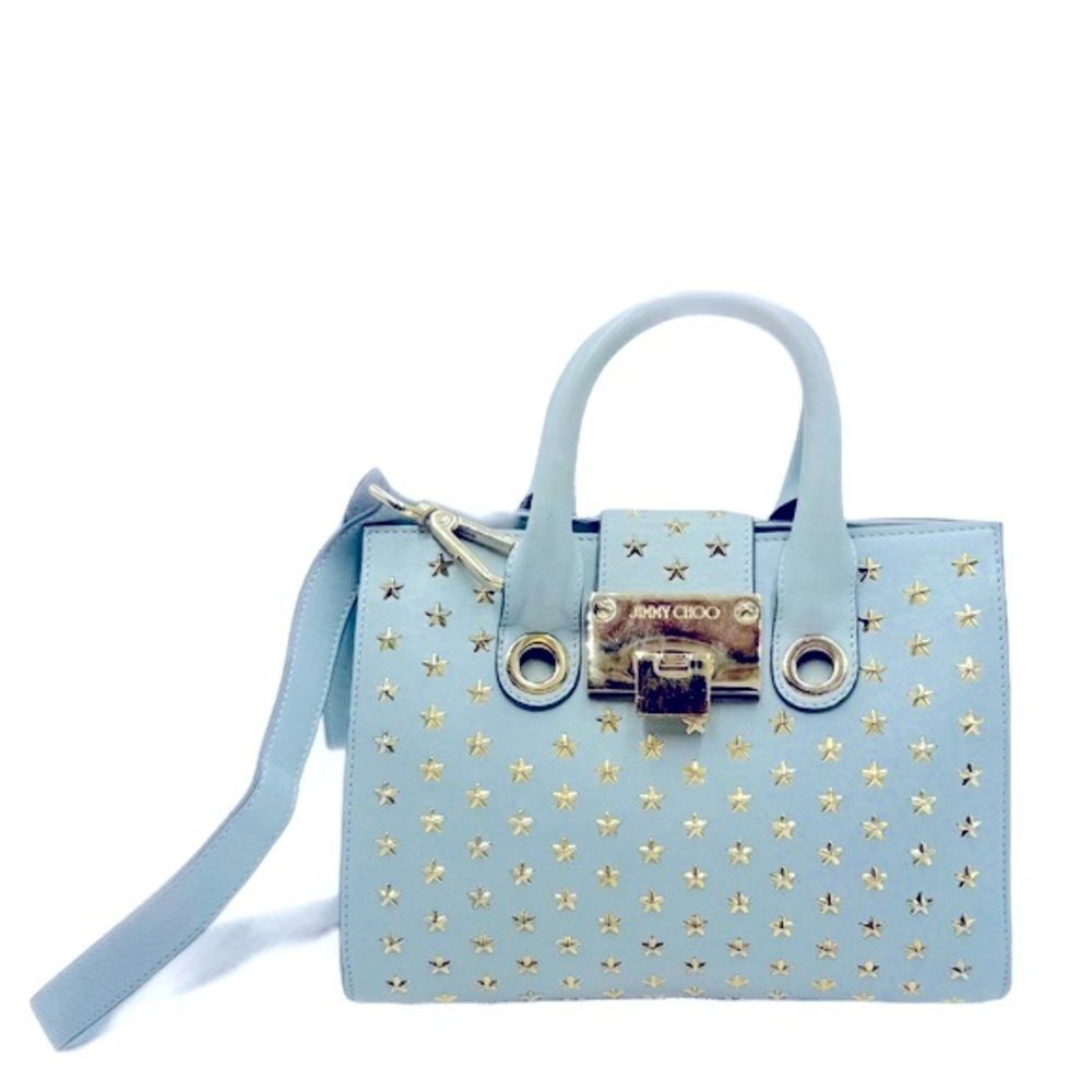 Auth Jimmy Choo Light Blue Star Studded 2way Mini Riley Satchel Top Hanfle Tote
